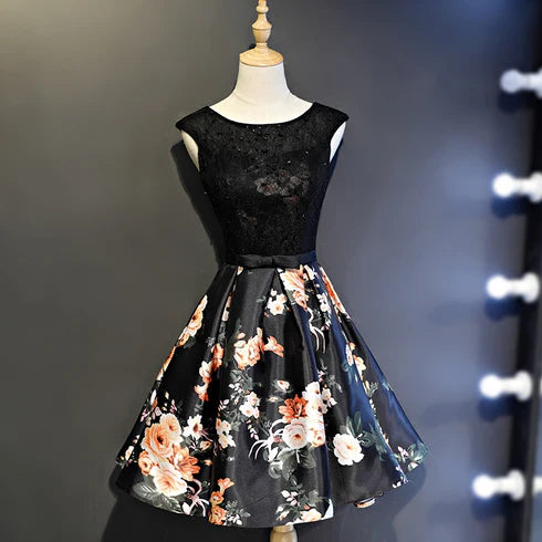 Black Satin and Lace Floral Round Neckline A-line Short Party Dress Prom Dress Homecoming Dresses