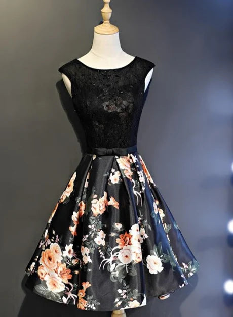 Black Satin and Lace Floral Round Neckline A-line Short Party Dress Prom Dress Homecoming Dresses