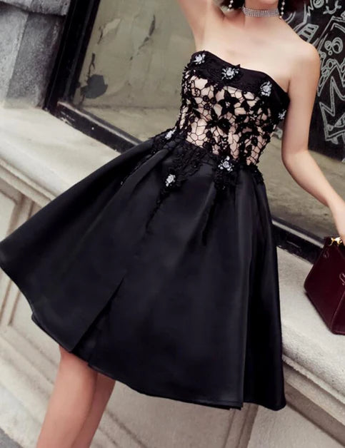 Black Satin with Lace A-line Knee Length Prom Dress Homecoming Dress Party Dresses