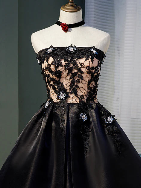 Black Satin with Lace A-line Knee Length Prom Dress Homecoming Dress Party Dresses