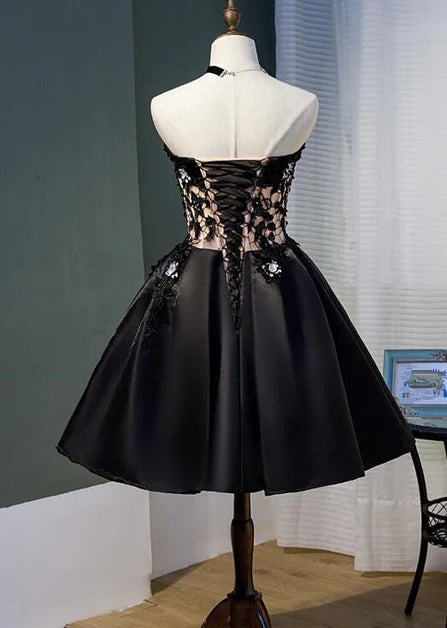 Black Satin with Lace A-line Knee Length Prom Dress Homecoming Dress Party Dresses