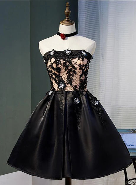 Black Satin with Lace A-line Knee Length Prom Dress Homecoming Dress Party Dresses