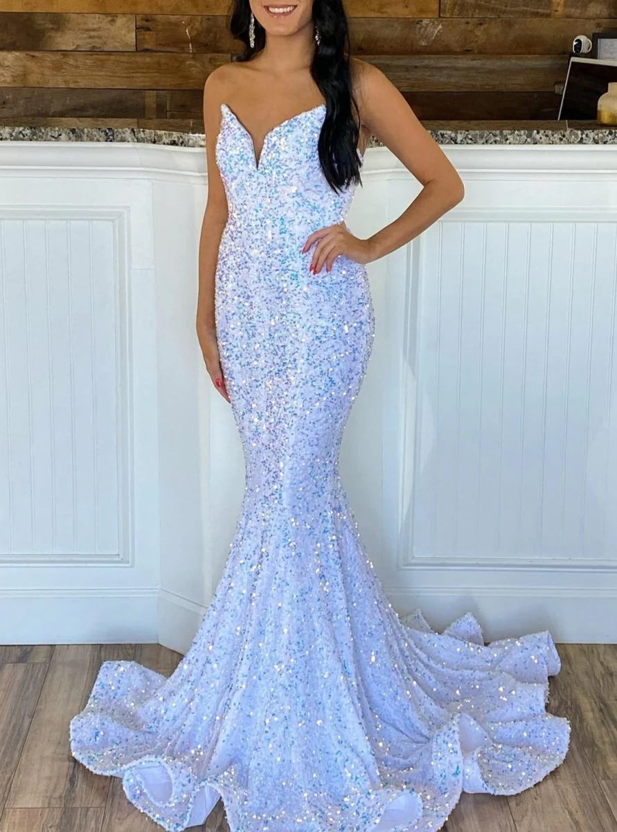 Black Sequin Strapless Mermaid Sweetheart Neck Lace-up Back Long Prom Dresses With Sweep Train