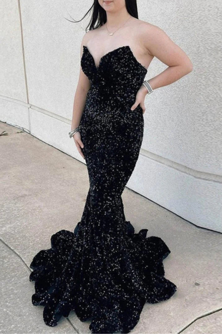 Black Sequin Strapless Mermaid Sweetheart Neck Lace-up Back Long Prom Dresses With Sweep Train