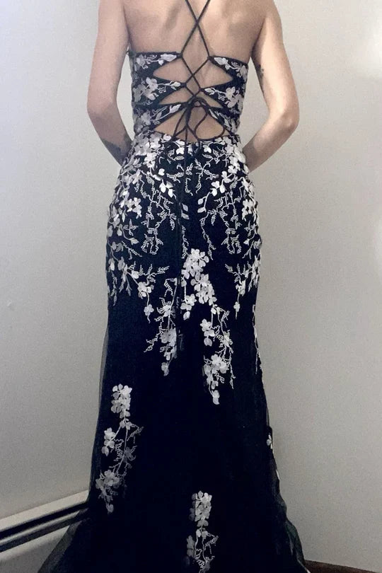 Black Spaghetti Strap Floral Lace Applique Mermaid Long Slit Ball Gown