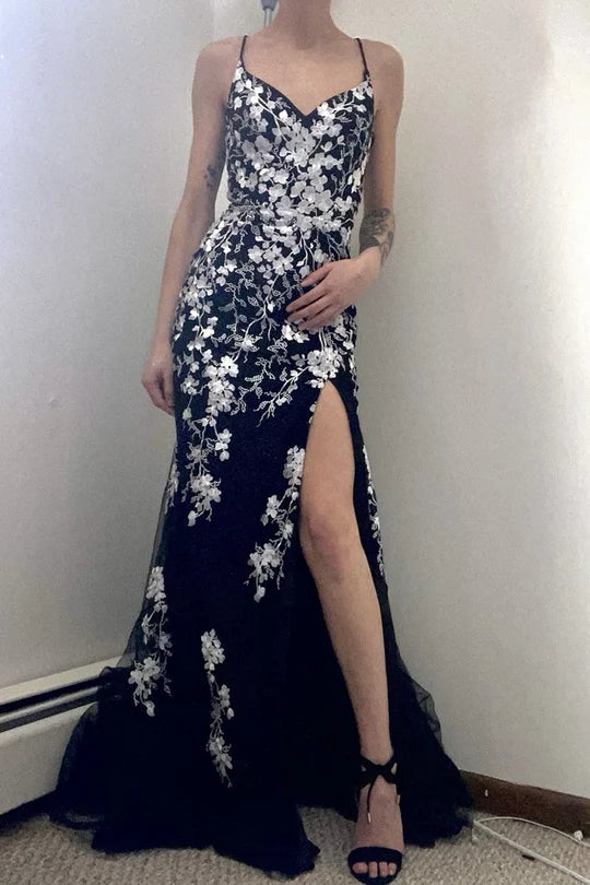 Black Spaghetti Strap Floral Lace Applique Mermaid Long Slit Ball Gown