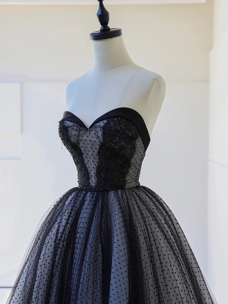 Black Tulle Lace Strapless A-Line Long Sweetheart Neck Prom Dress Evening Party Dress