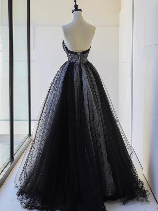 Black Tulle Lace Strapless A-Line Long Sweetheart Neck Prom Dress Evening Party Dress