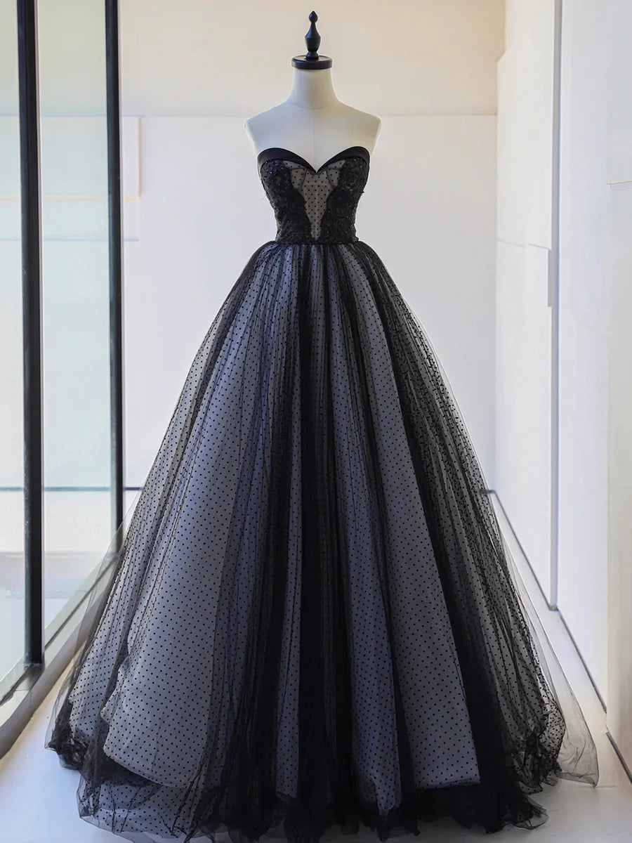 Black Tulle Lace Strapless A-Line Long Sweetheart Neck Prom Dress Evening Party Dress