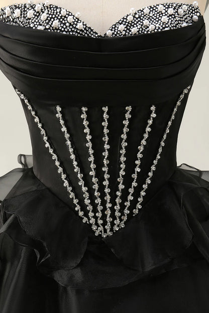 Black Strapless Tulle With Beaded Corset Ruffled Tiered A Line Short Homecoming Dress Party Dress