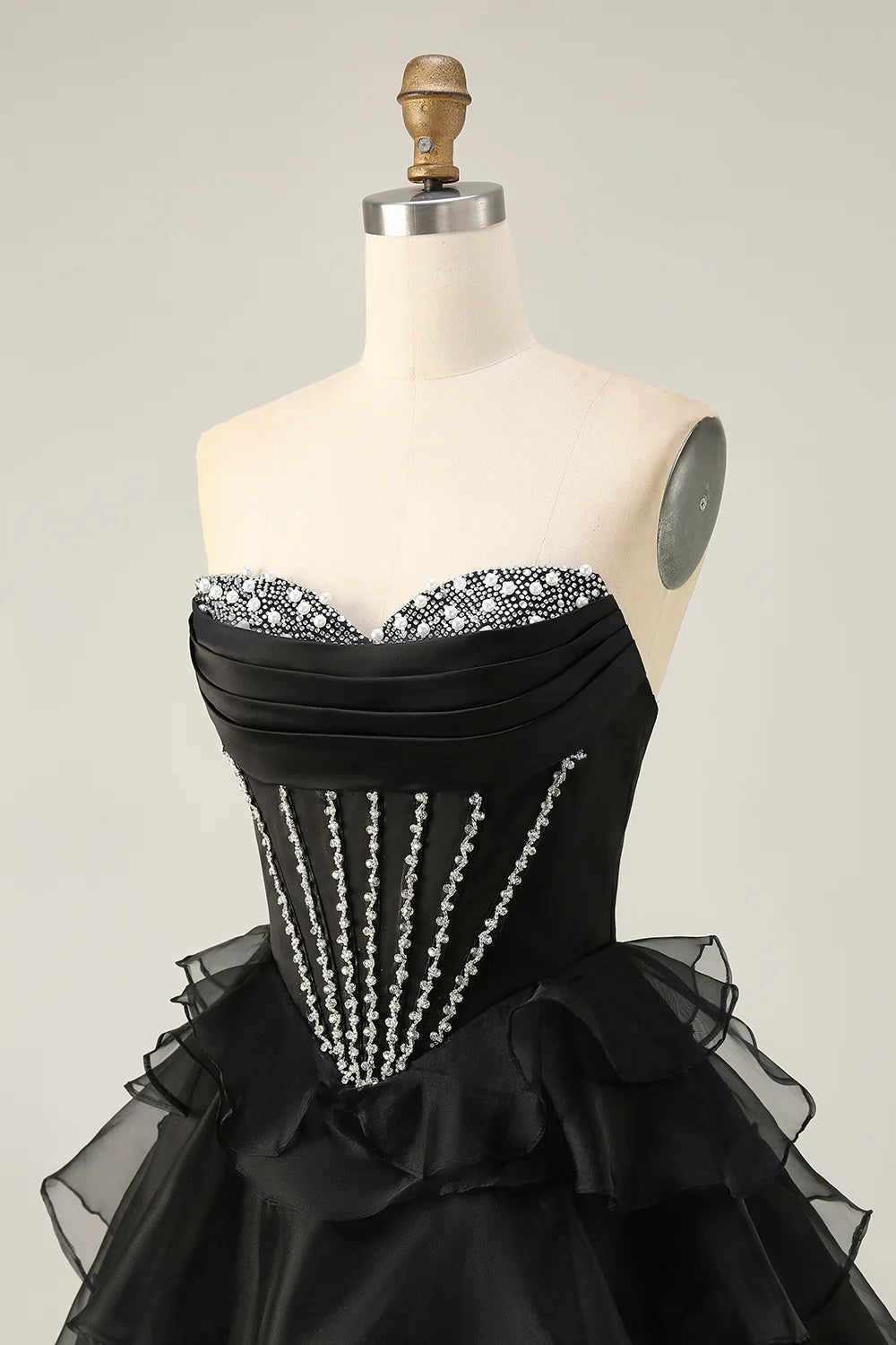 Black Strapless Tulle With Beaded Corset Ruffled Tiered A Line Short Homecoming Dress Party Dress