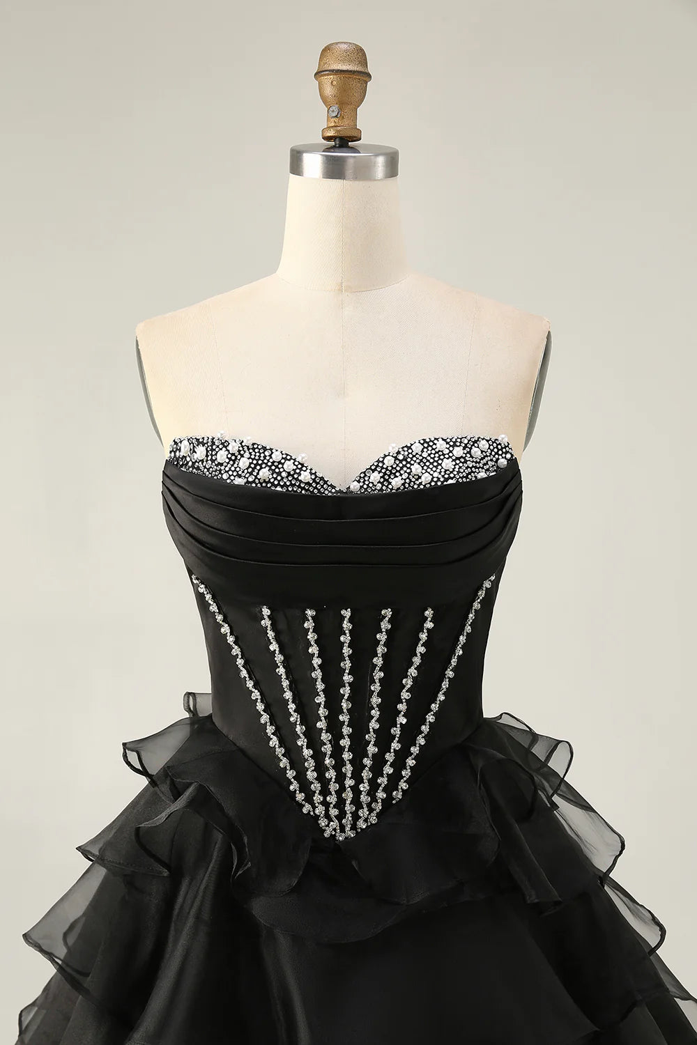 Black Strapless Tulle With Beaded Corset Ruffled Tiered A Line Short Homecoming Dress Party Dress