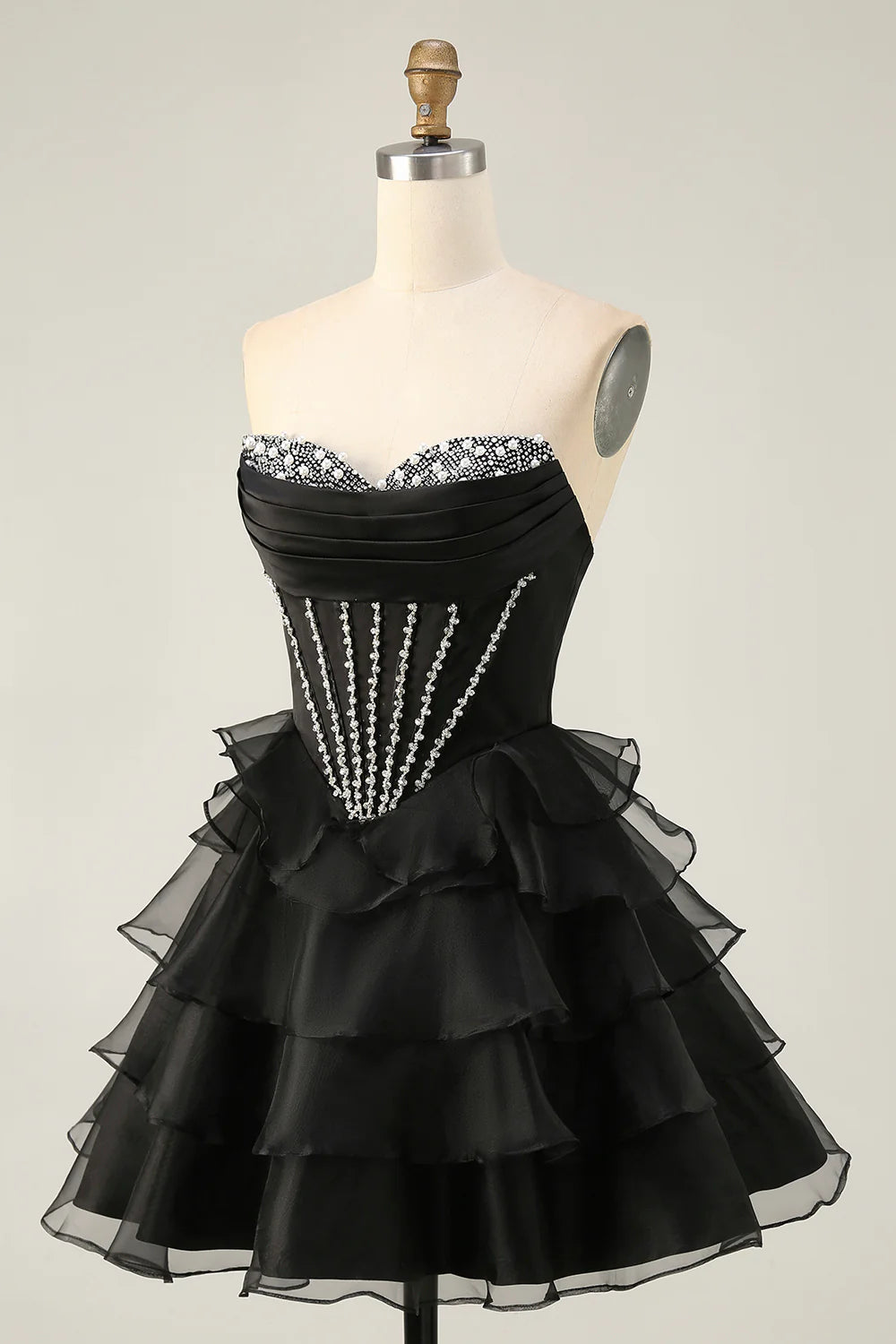 Black Strapless Tulle With Beaded Corset Ruffled Tiered A Line Short Homecoming Dress Party Dress