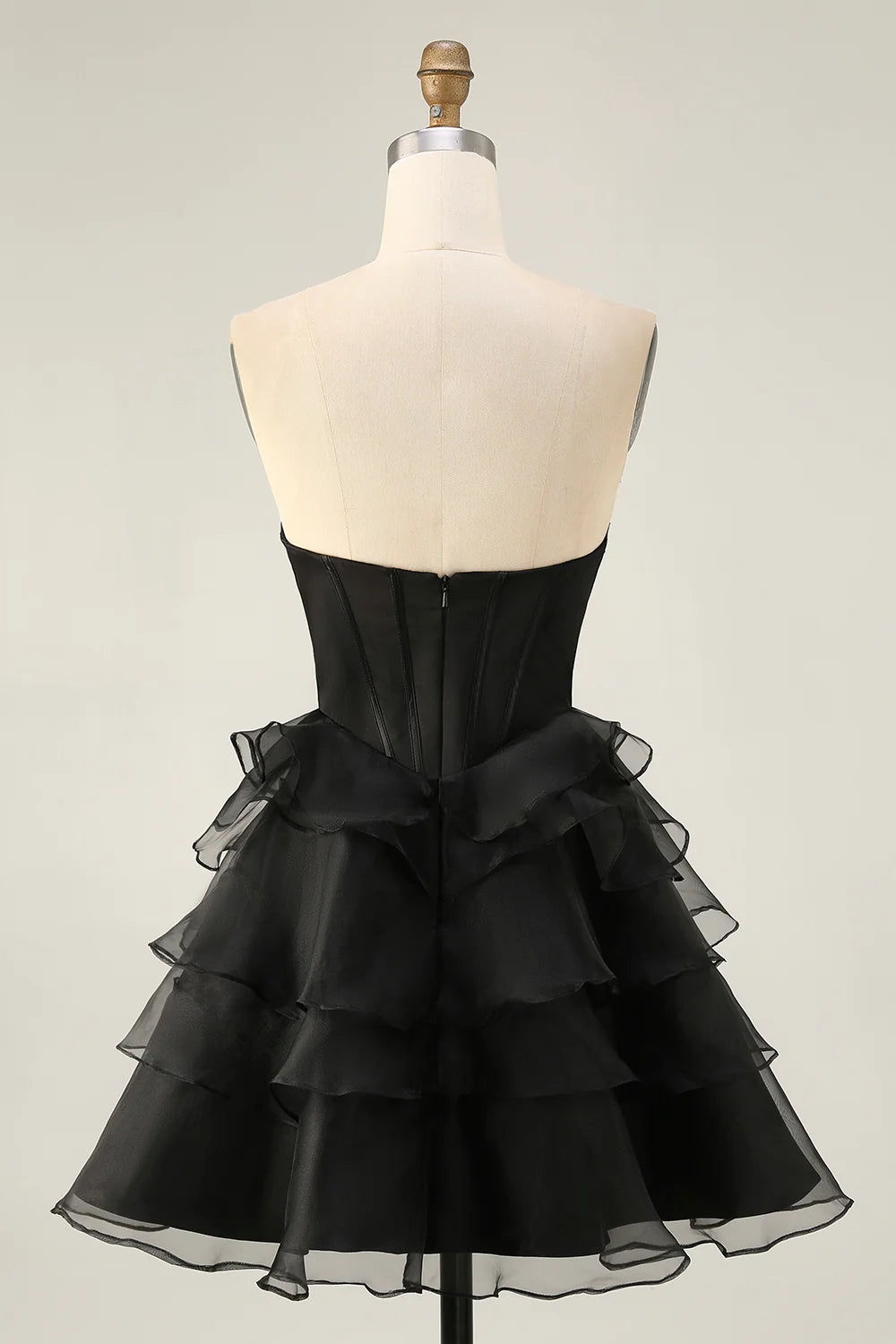 Black Strapless Tulle With Beaded Corset Ruffled Tiered A Line Short Homecoming Dress Party Dress