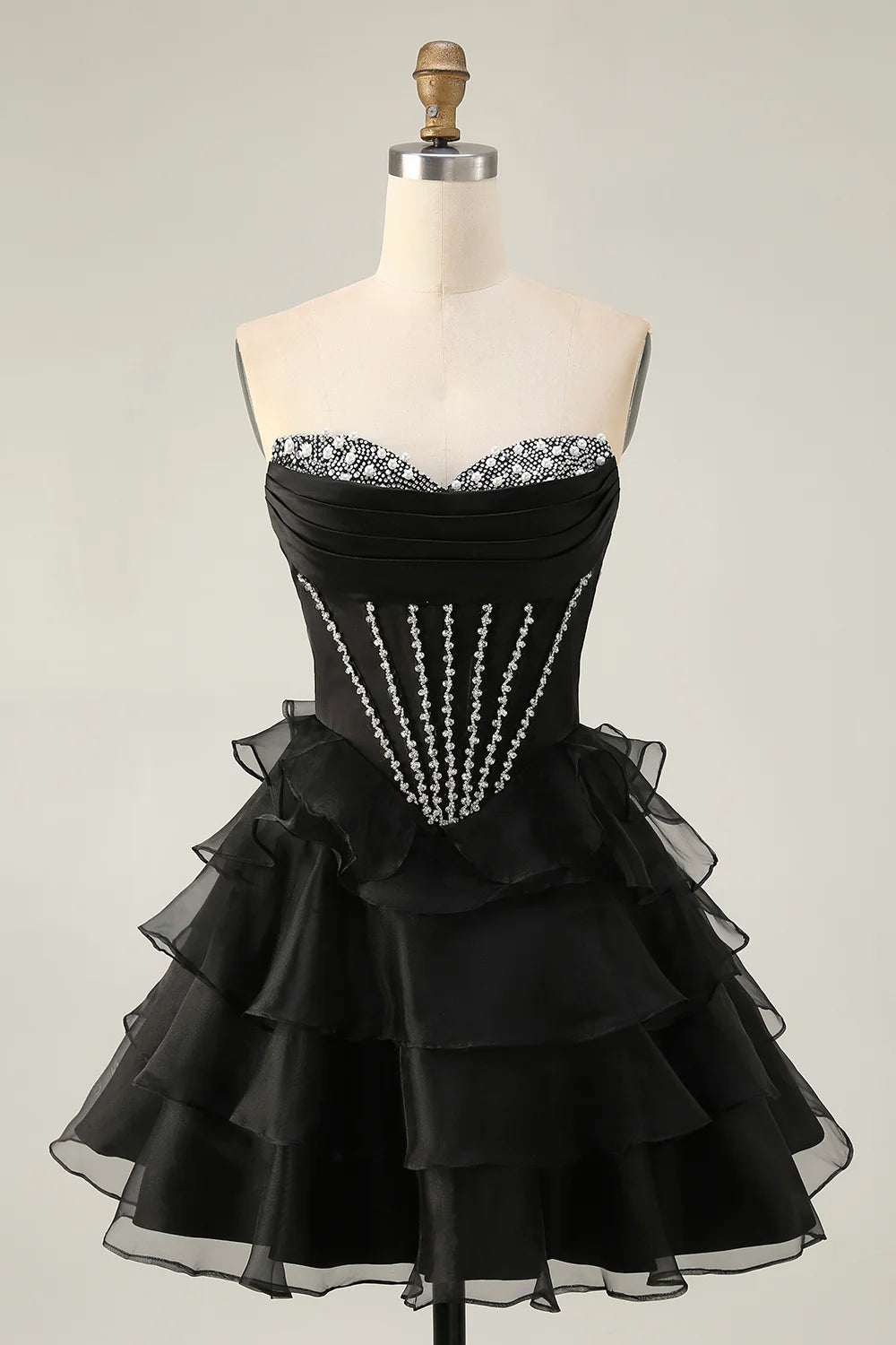 Black Strapless Tulle With Beaded Corset Ruffled Tiered A Line Short Homecoming Dress Party Dress