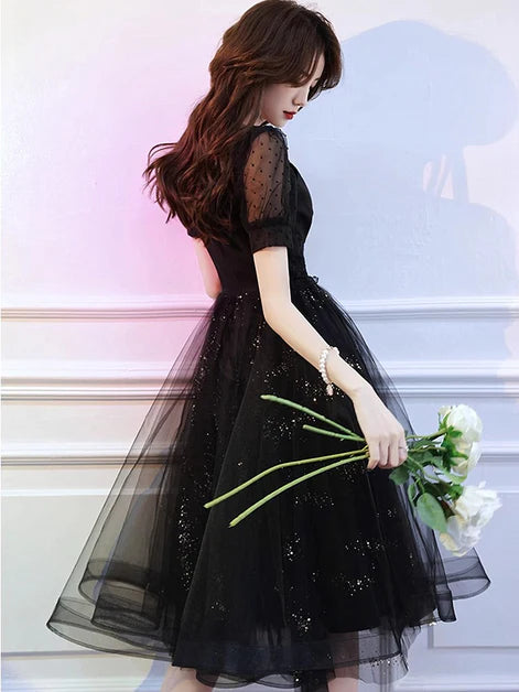 Black Sweetheart Tulle Sequin Applique A-line Short Homecoming Dress