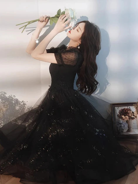 Black Sweetheart Tulle Sequin Applique A-line Short Homecoming Dress