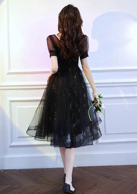 Black Sweetheart Tulle Sequin Applique A-line Short Homecoming Dress