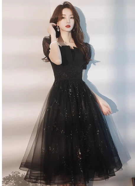 Black Sweetheart Tulle Sequin Applique A-line Short Homecoming Dress