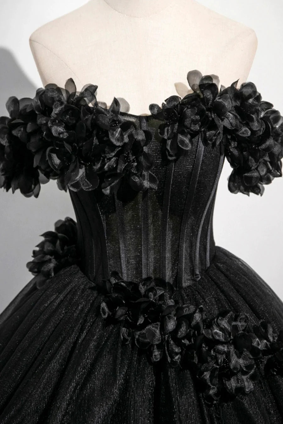 Black Tulle Flowers Off Shoulder A-Line Floor Length Prom Dress Party Dress with Corset