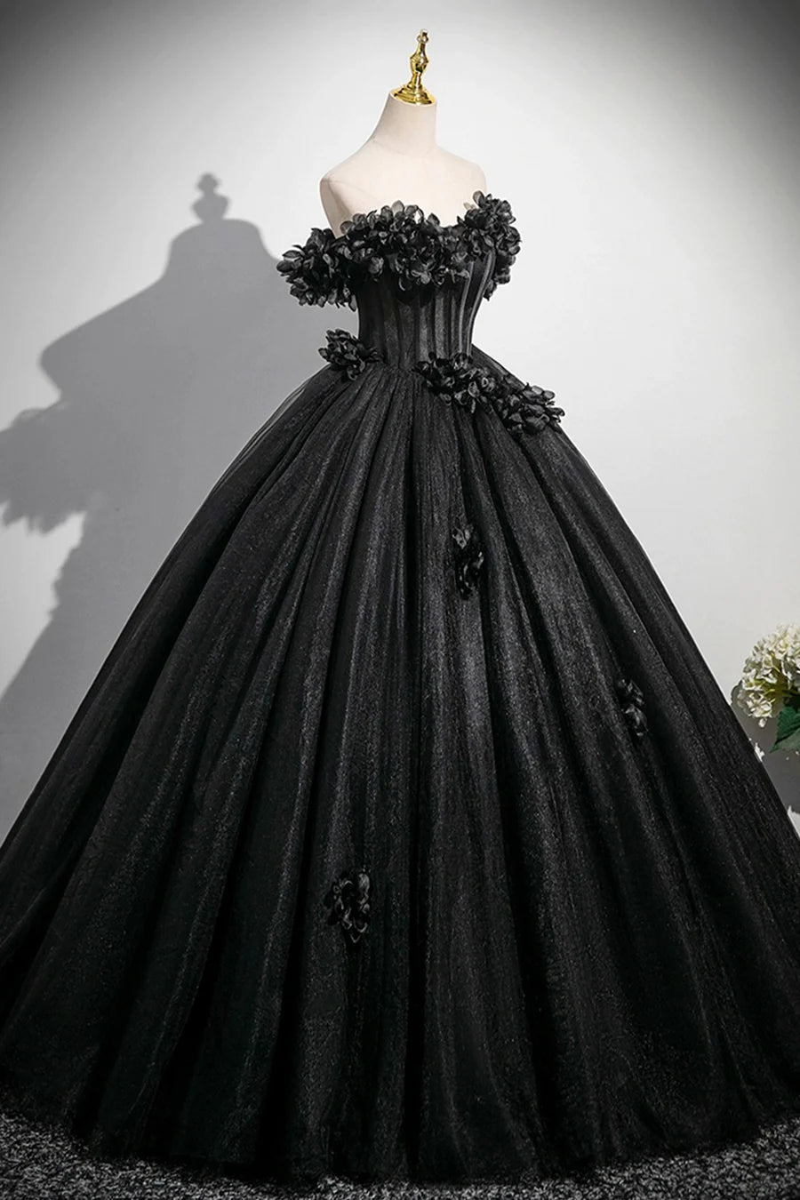 Black Tulle Flowers Off Shoulder A-Line Floor Length Prom Dress Party Dress with Corset