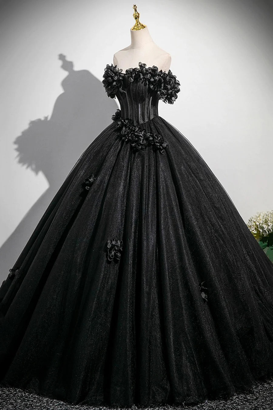 Black Tulle Flowers Off Shoulder A-Line Floor Length Prom Dress Party Dress with Corset