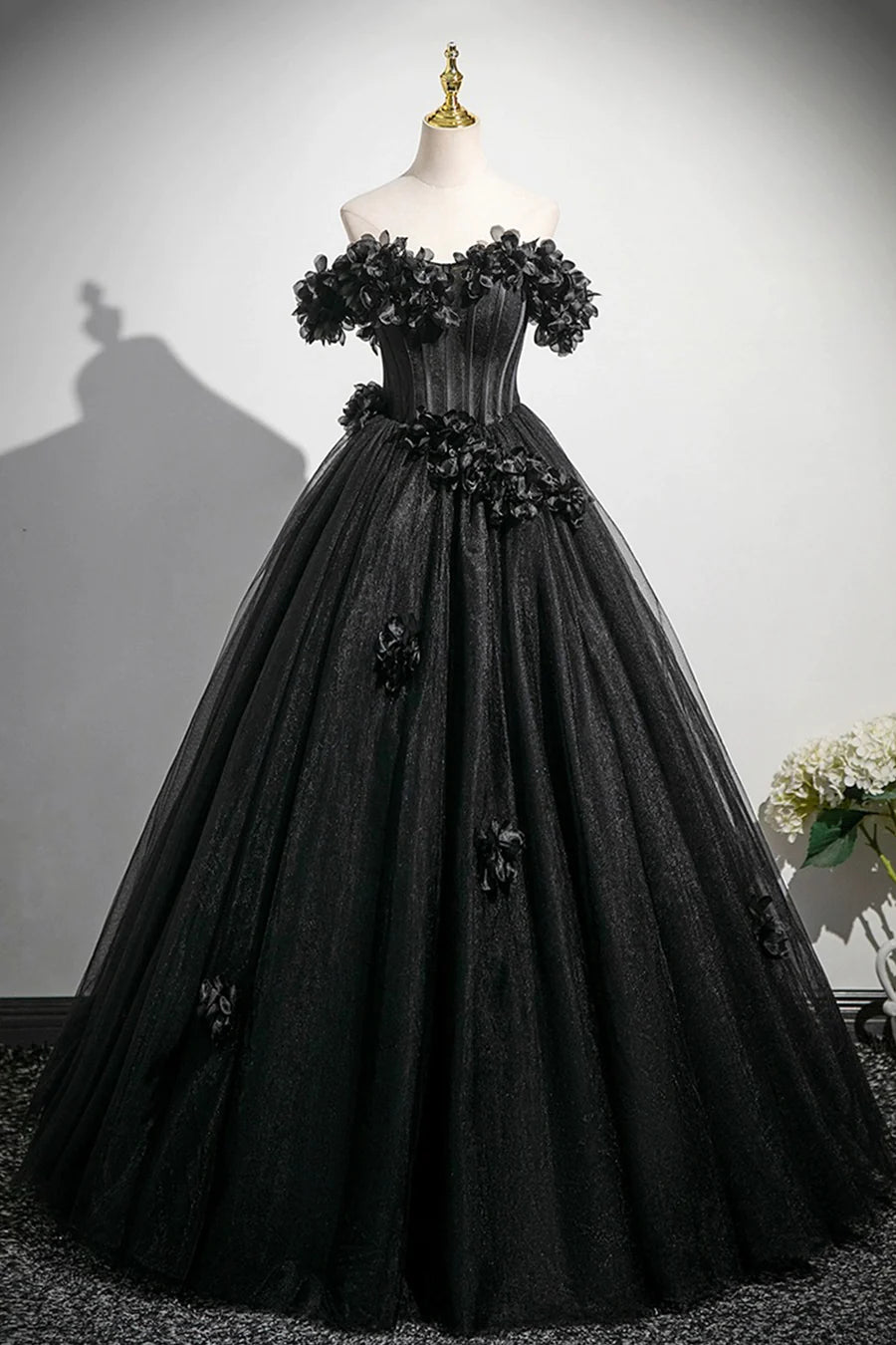 Black Tulle Flowers Off Shoulder A-Line Floor Length Prom Dress Party Dress with Corset