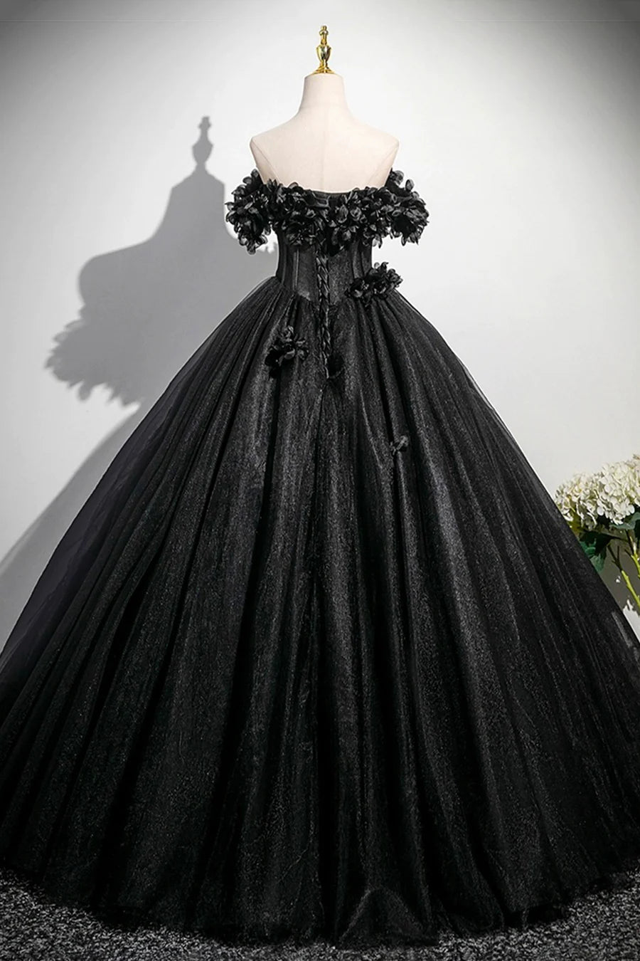 Black Tulle Flowers Off Shoulder A-Line Floor Length Prom Dress Party Dress with Corset