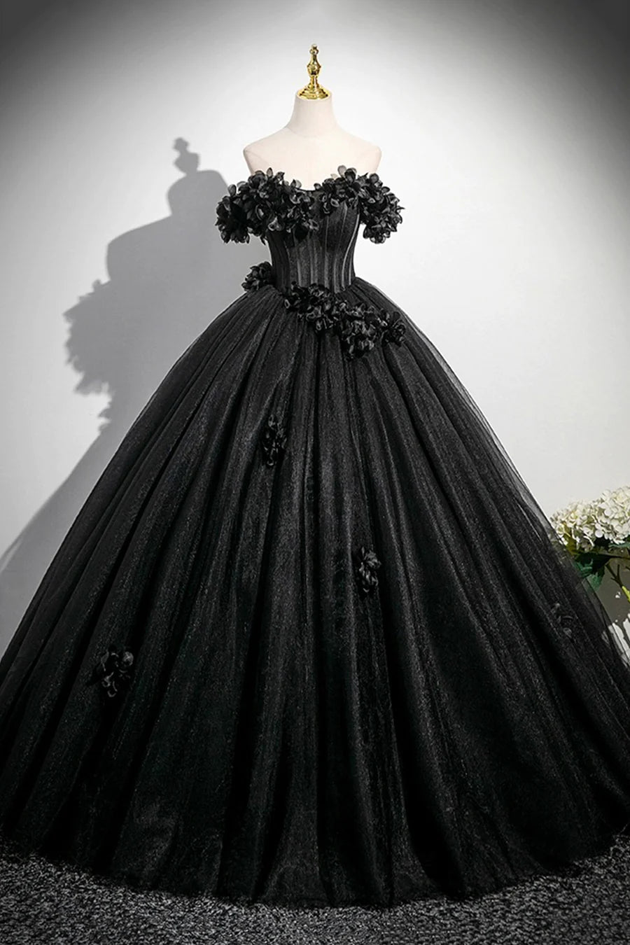 Black Tulle Flowers Off Shoulder A-Line Floor Length Prom Dress Party Dress with Corset