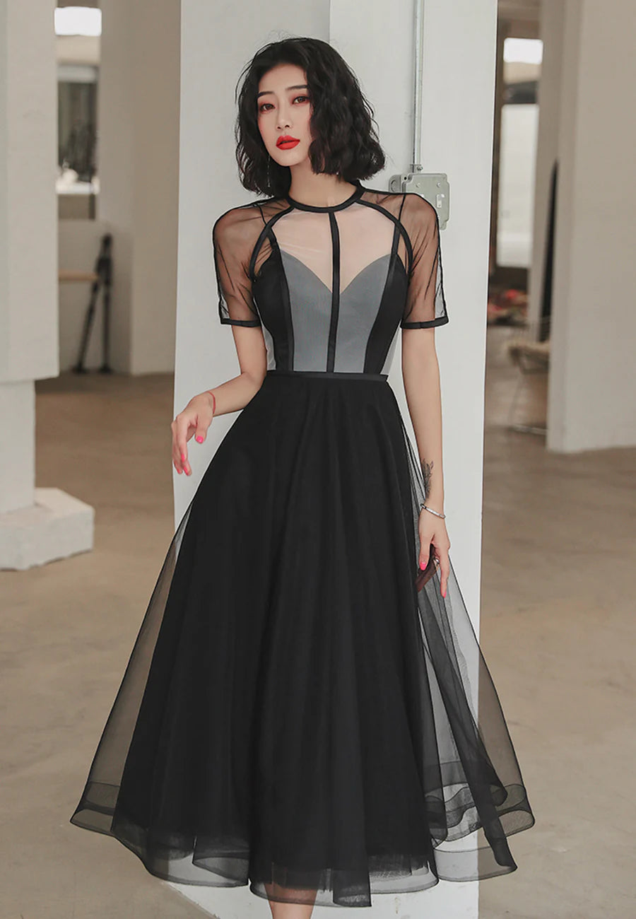 Black Tulle Half High Neck Short Sleeve A-Line Short Prom Dress Party Dresses