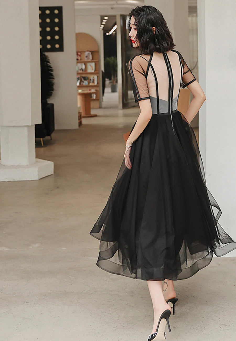 Black Tulle Half High Neck Short Sleeve A-Line Short Prom Dress Party Dresses