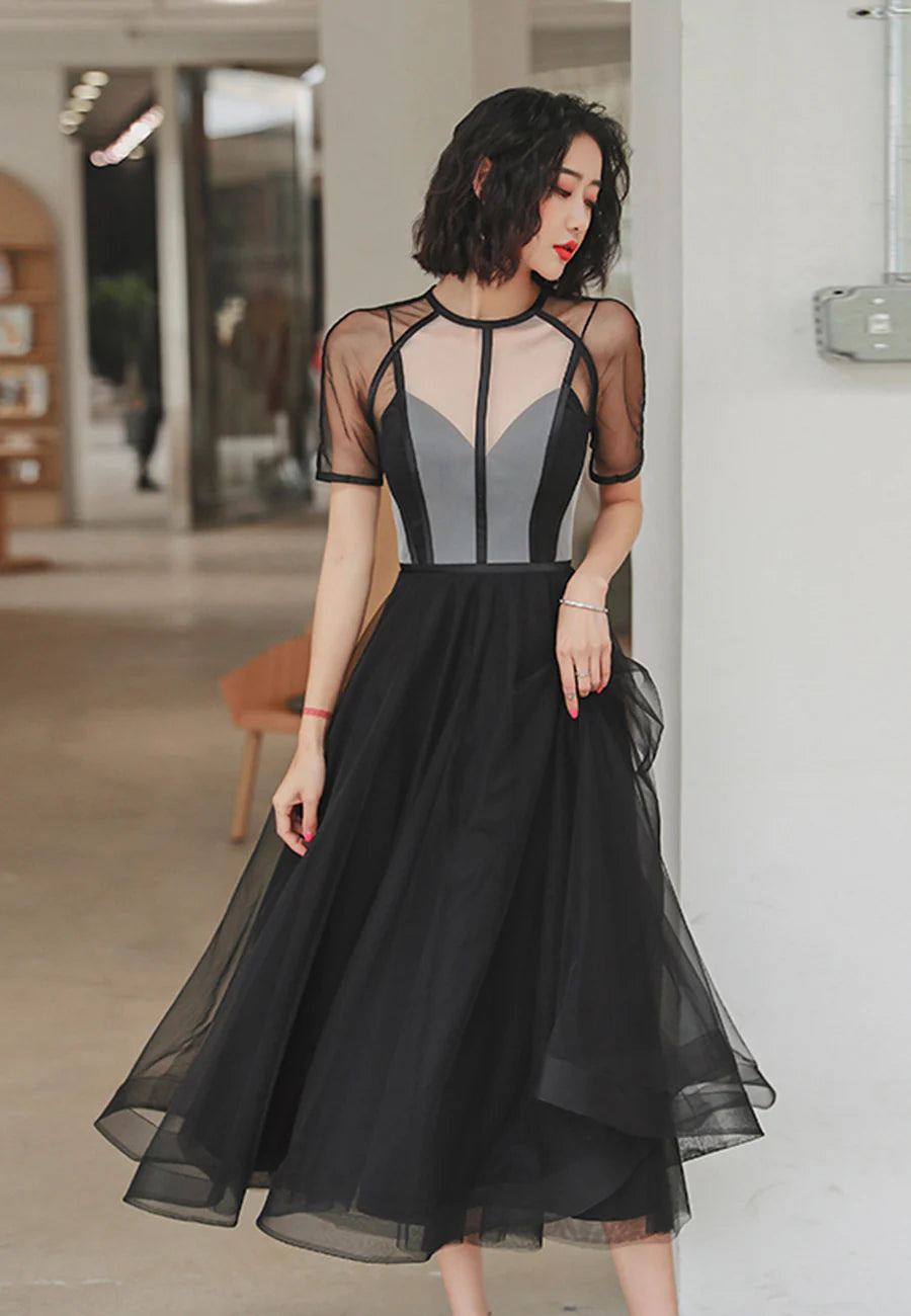 Black Tulle Half High Neck Short Sleeve A-Line Short Prom Dress Party Dresses