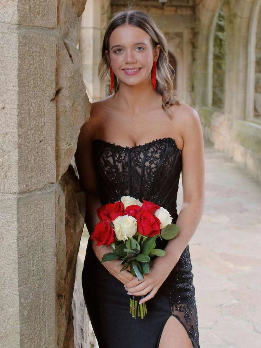 Black Tulle Satin Appliques Mermaid Corset Strapless Slit Long Prom Dress With Train