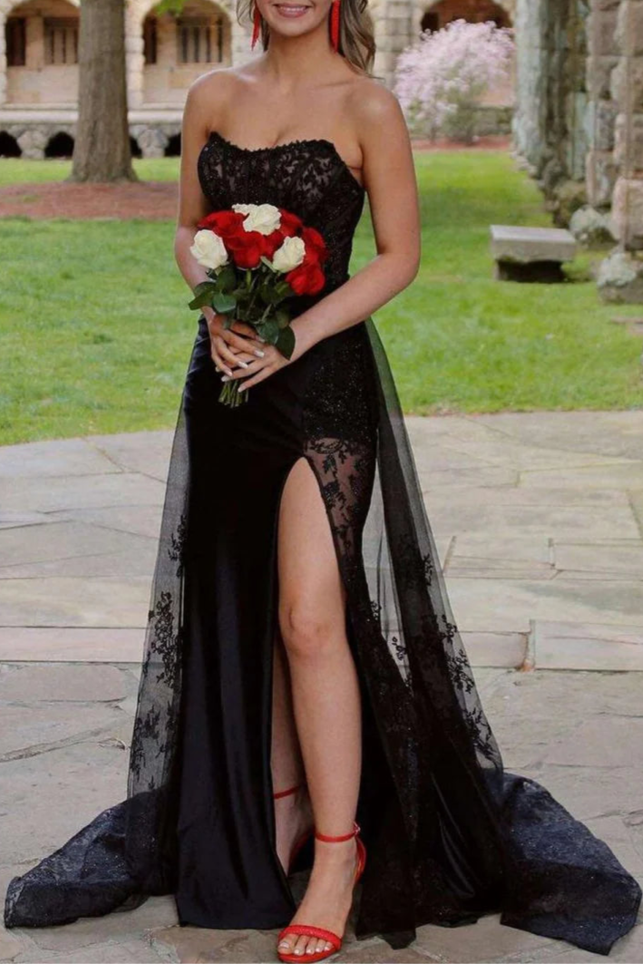 Black Tulle Satin Appliques Mermaid Corset Strapless Slit Long Prom Dress With Train