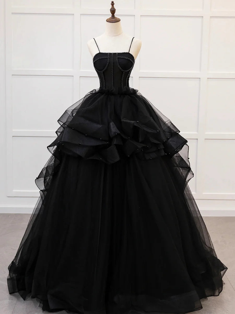 Black Tulle Spaghetti Strap Bodycon Long Prom Dress With Beaded A-Line Tulle Layers Formal Gown