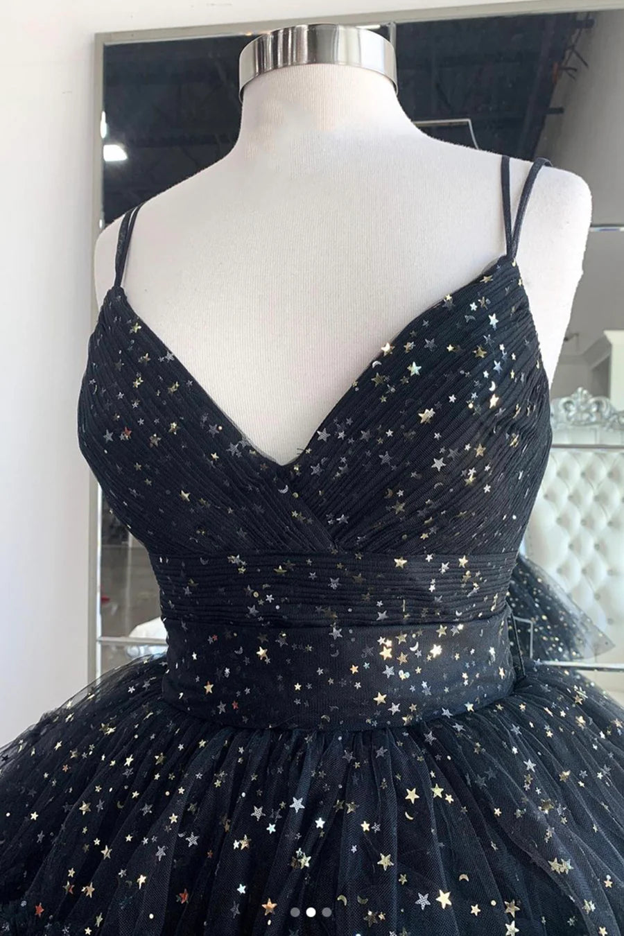 Black Tulle Spaghetti Straps V-Neck High Low Long Prom Dresses Evening Party Dresses