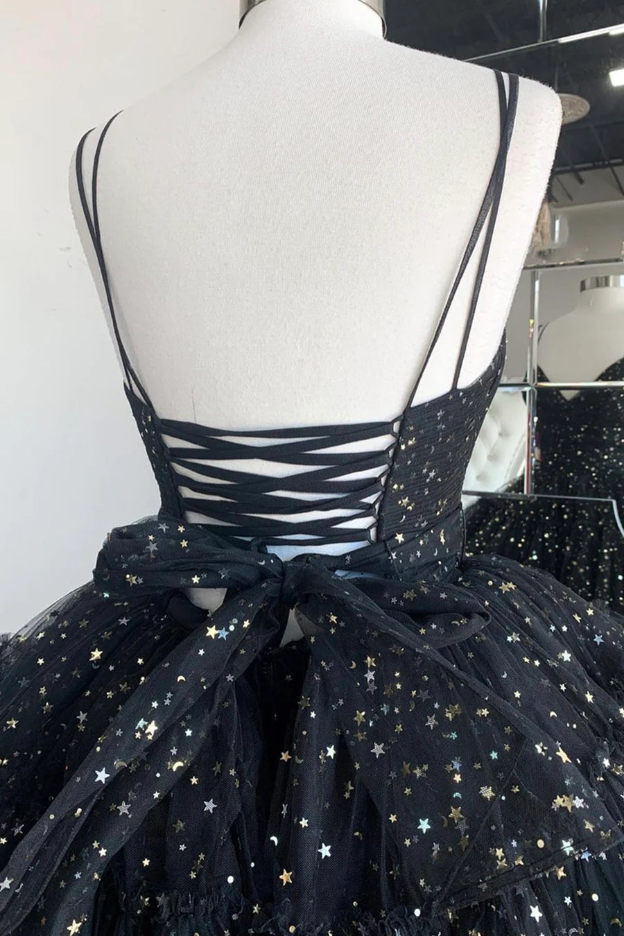 Black Tulle Spaghetti Straps V-Neck High Low Long Prom Dresses Evening Party Dresses