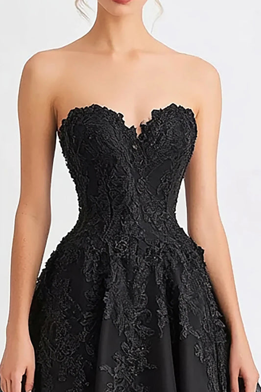 Black Tulle Sweetheart Collar A Line Strapless Long Evening Dress Prom Dress With Appliques