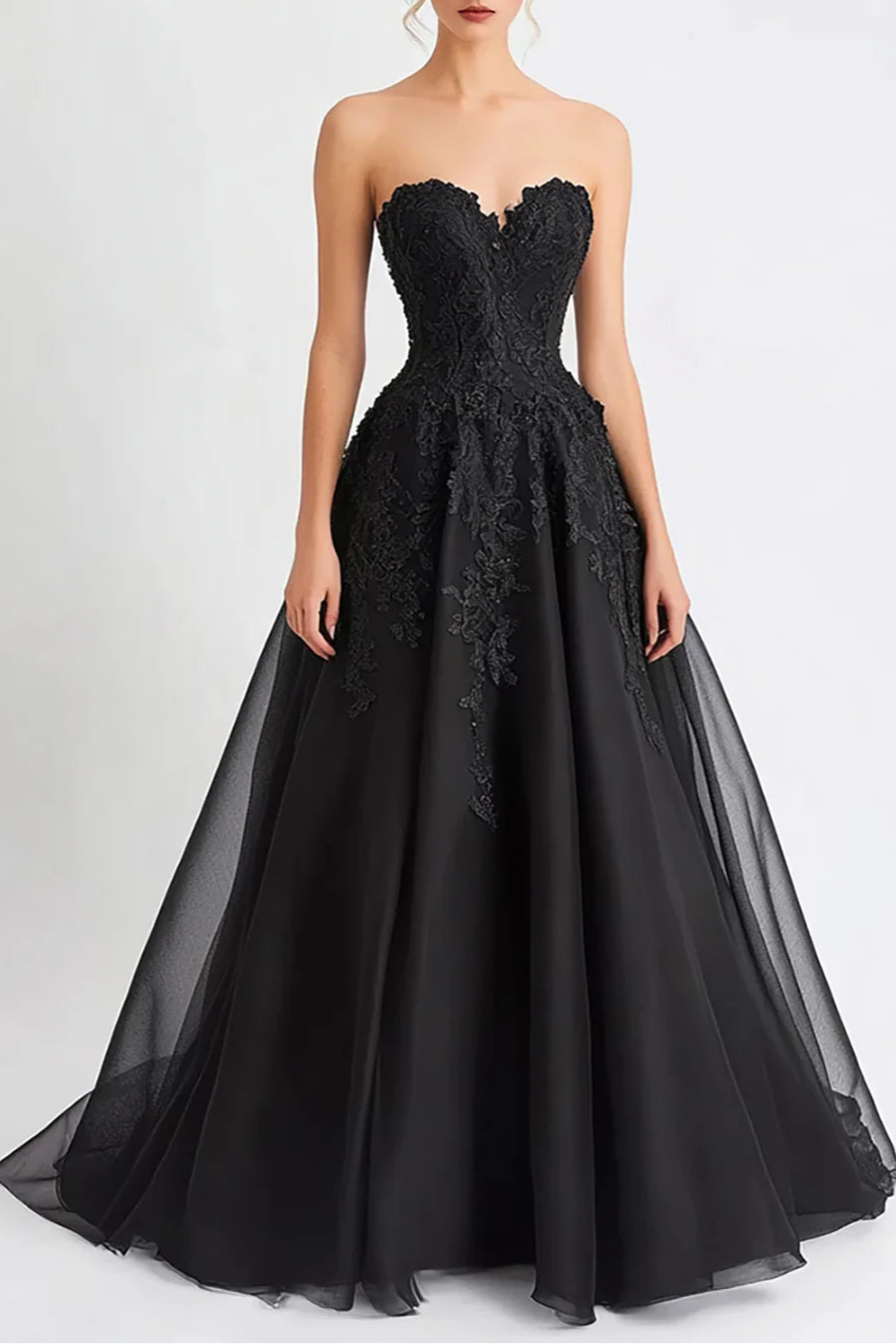 Black Tulle Sweetheart Collar A Line Strapless Long Evening Dress Prom Dress With Appliques