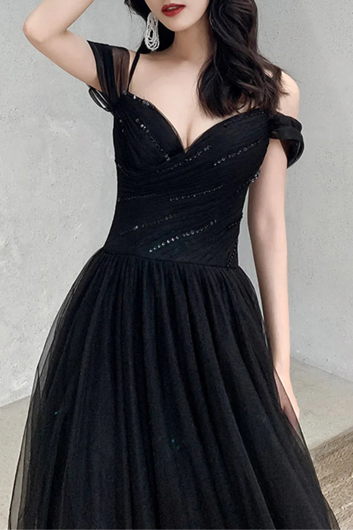 Black Tulle With Beaded V Neck Long A-Line Prom Dresses Off the Shoulder Evening Dresses