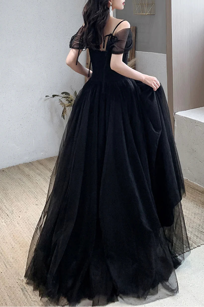 Black Tulle With Beaded V Neck Long A-Line Prom Dresses Off the Shoulder Evening Dresses