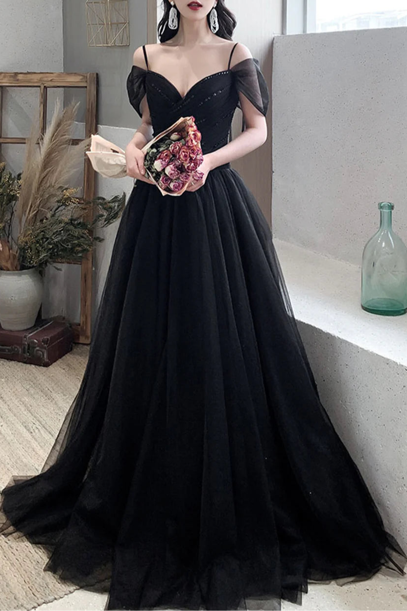 Black Tulle With Beaded V Neck Long A-Line Prom Dresses Off the Shoulder Evening Dresses