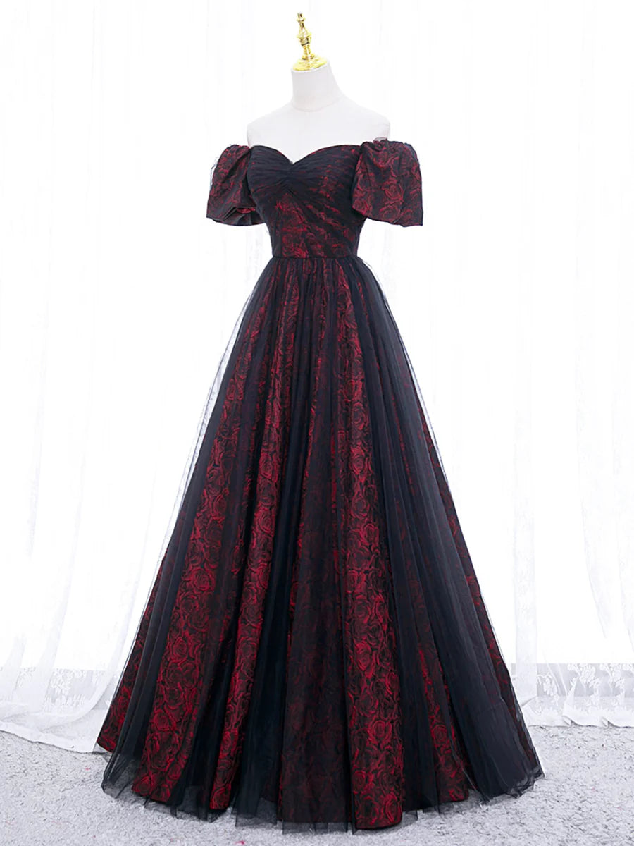 Black Tulle With Rose Print Off Shoulder A-Line Prom Dress Evening Party Dress