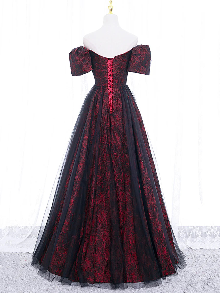 Black Tulle With Rose Print Off Shoulder A-Line Prom Dress Evening Party Dress