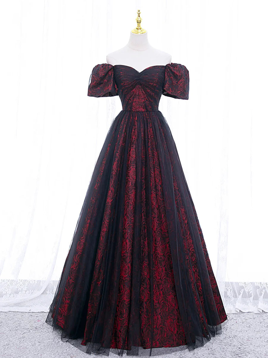 Black Tulle With Rose Print Off Shoulder A-Line Prom Dress Evening Party Dress