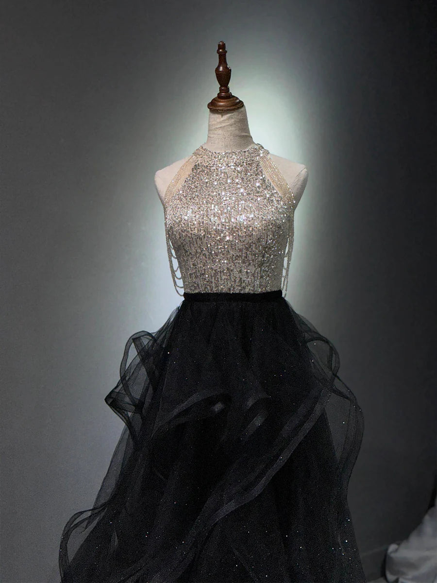 Black Tulle and Sequins Tiered A-Line Halter Neck Long Prom Dress Evening Party Dress
