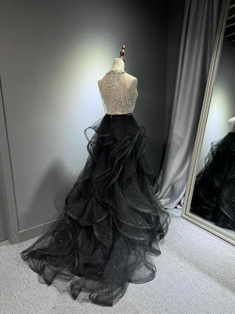 Black Tulle and Sequins Tiered A-Line Halter Neck Long Prom Dress Evening Party Dress