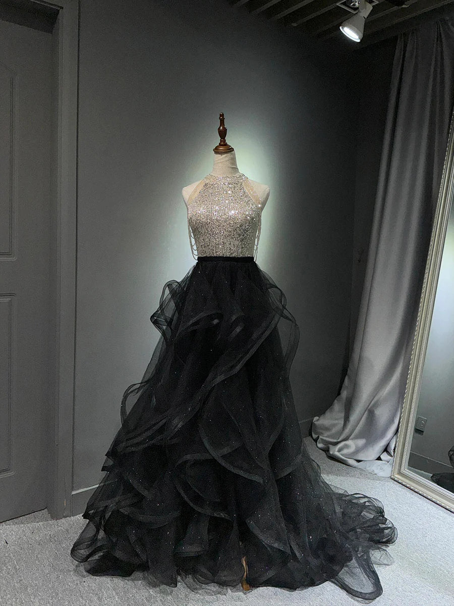 Black Tulle and Sequins Tiered A-Line Halter Neck Long Prom Dress Evening Party Dress