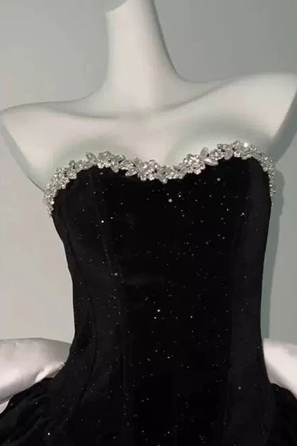 Black Velvet A-line Strapless Short Beaded  With Bow Party Dress Homecoming Dress