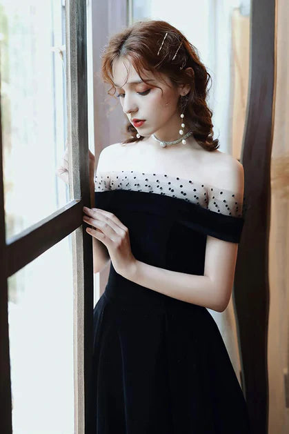 Black Velvet Ankle Length Off Shoulder Party Dress Homecoming Dress Evening Dress